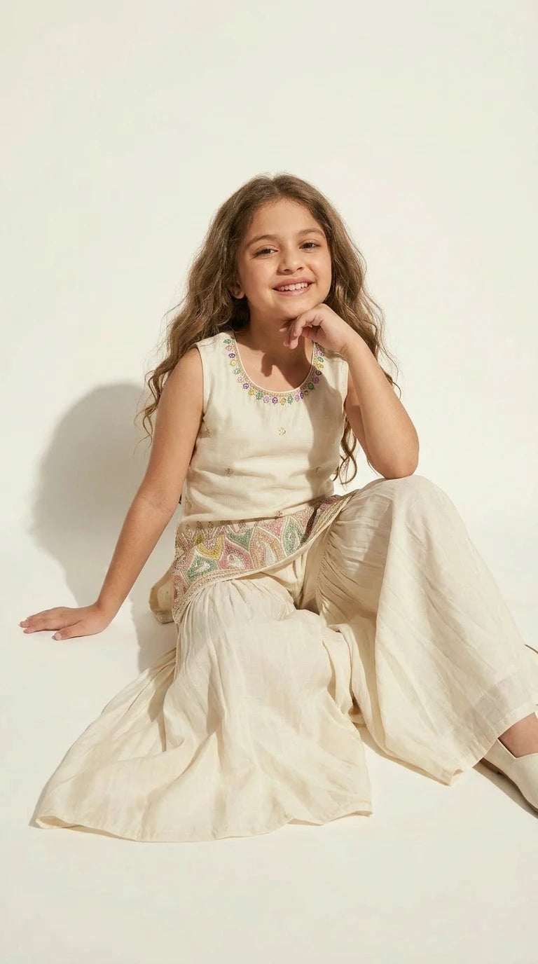 Ivory Multicolor Embroidered Kurta Palazzo Set