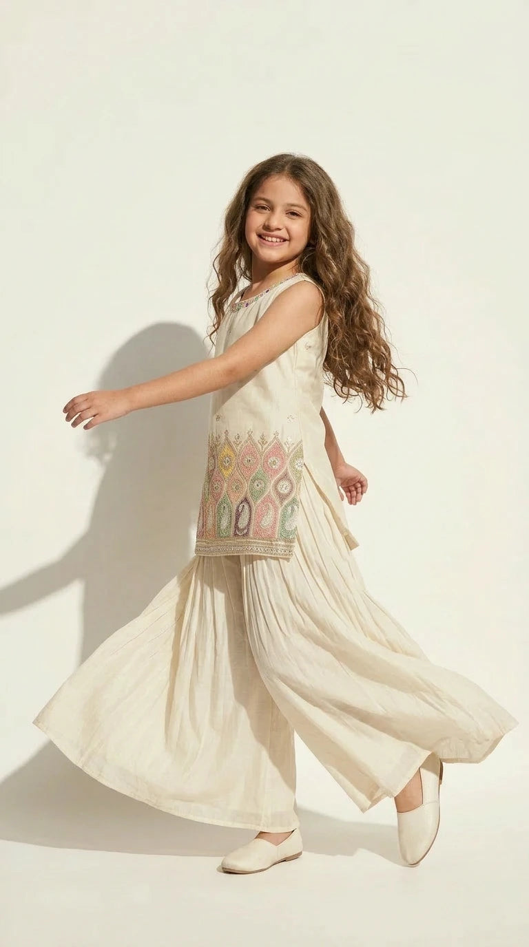 Ivory Multicolor Embroidered Kurta Palazzo Set